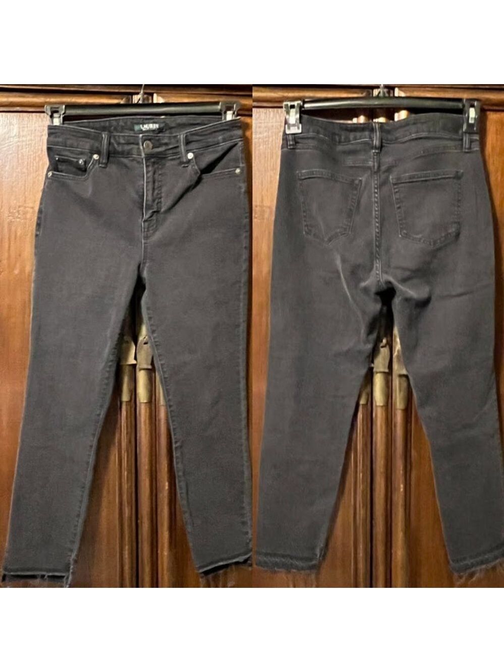 RALPH LAUREN Size 4 Petite High-low Frayed Black Jeans